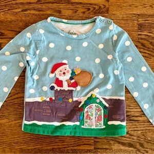 Mini Boden Light Blue Polka Dot Long Sleeve with Santa Design
